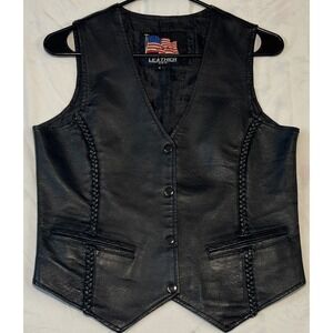 Leather USA Black Genuine Leather Biker Vest Braided Trim Womens Small S 80510
